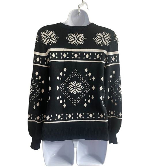 Marled Fair Isle Snowflake Winter Holiday Sweater Black White Nordic Pattern - Picture 2 of 5